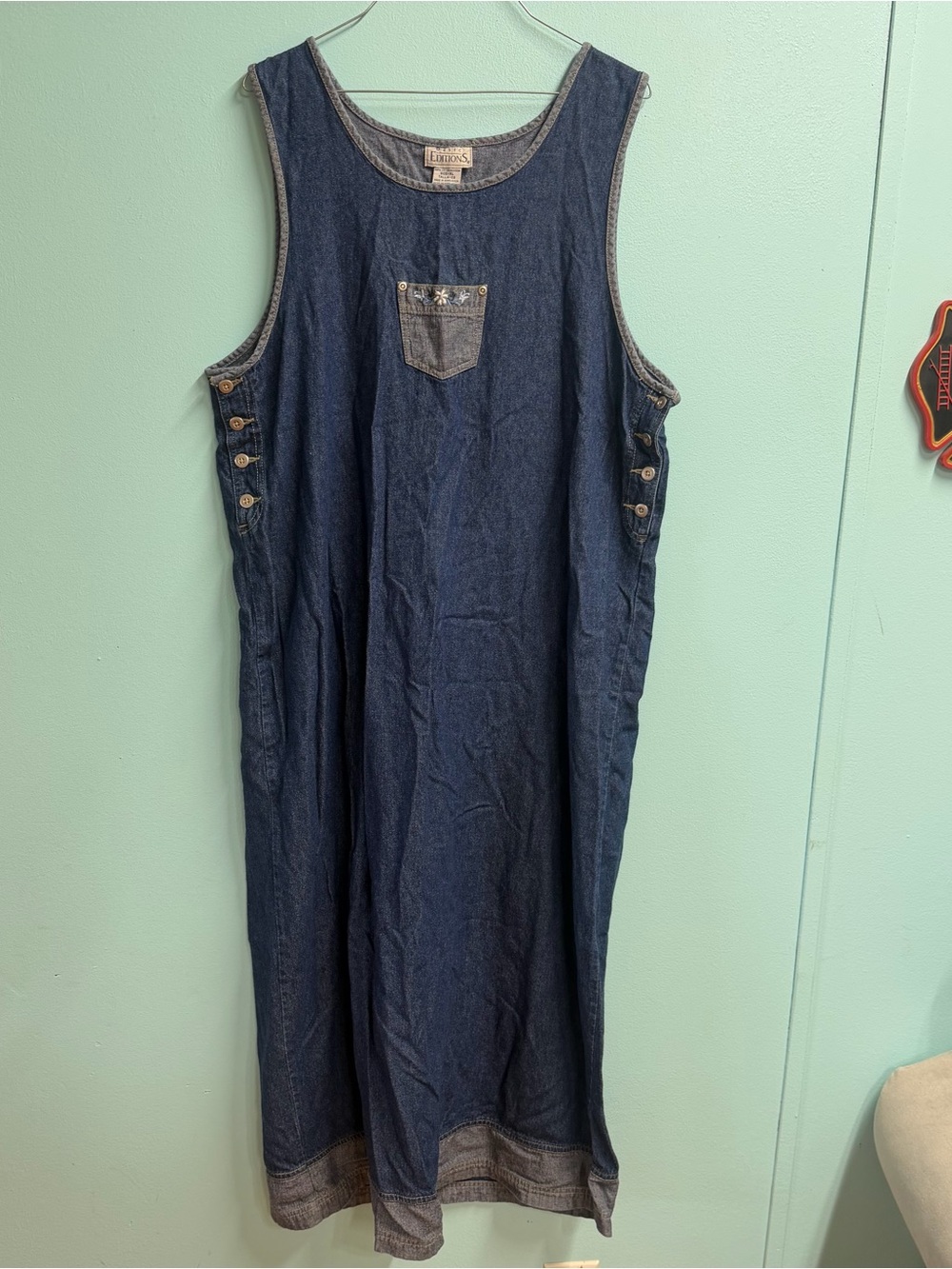 Denim Sleeveless Maxi Dress with Accent Pocket - Dark Blue basic editions xl